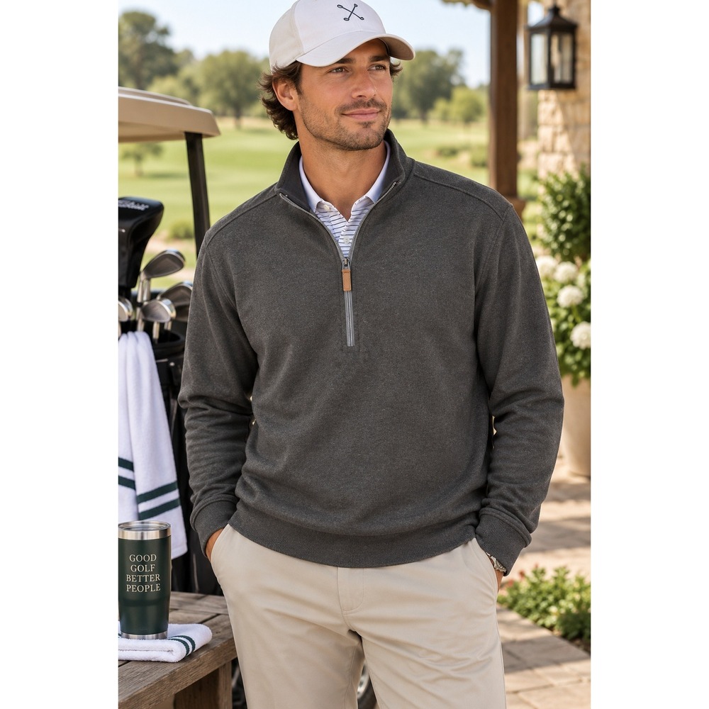 Straight Down Quarter Zip Pullover Mens L Gray Cotton Golf Classic Sporty Preppy